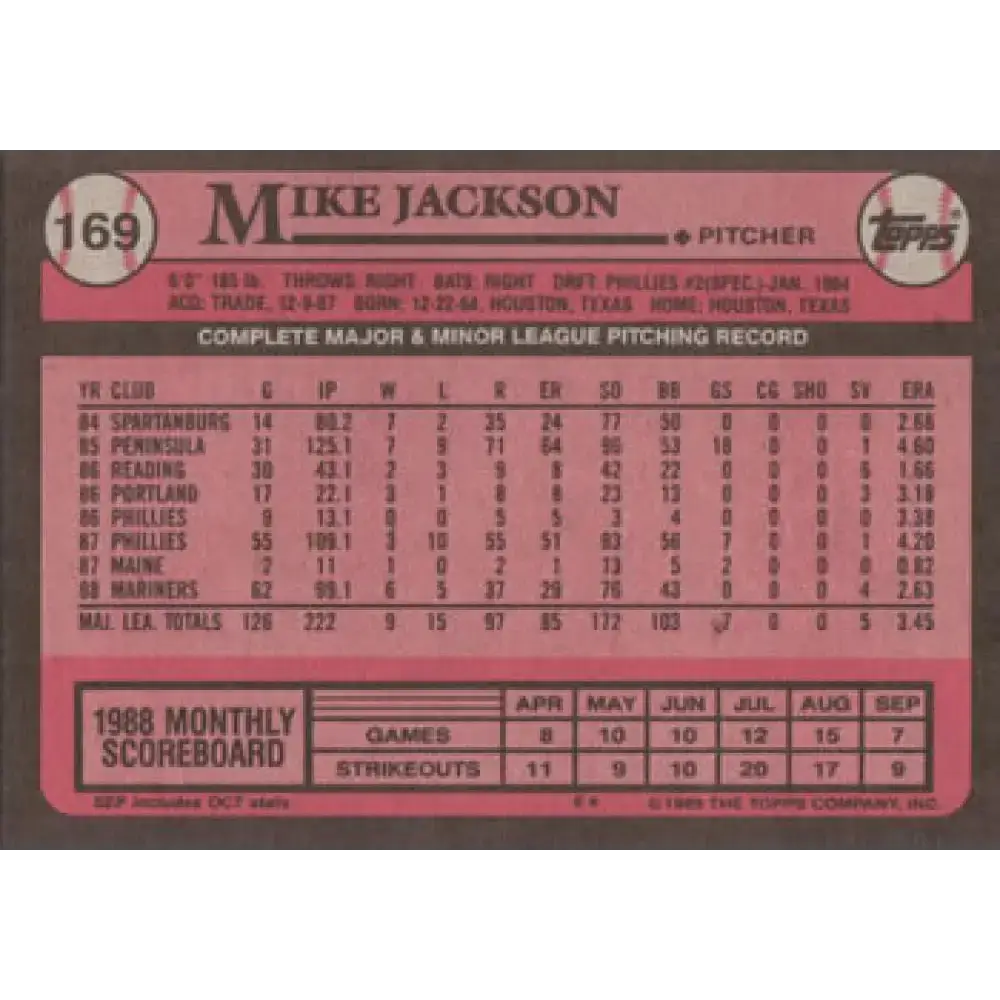 1989 Topps #169 Mike Jackson NM-MT Seattle Mariners Baseball Card - Baseball Card Single