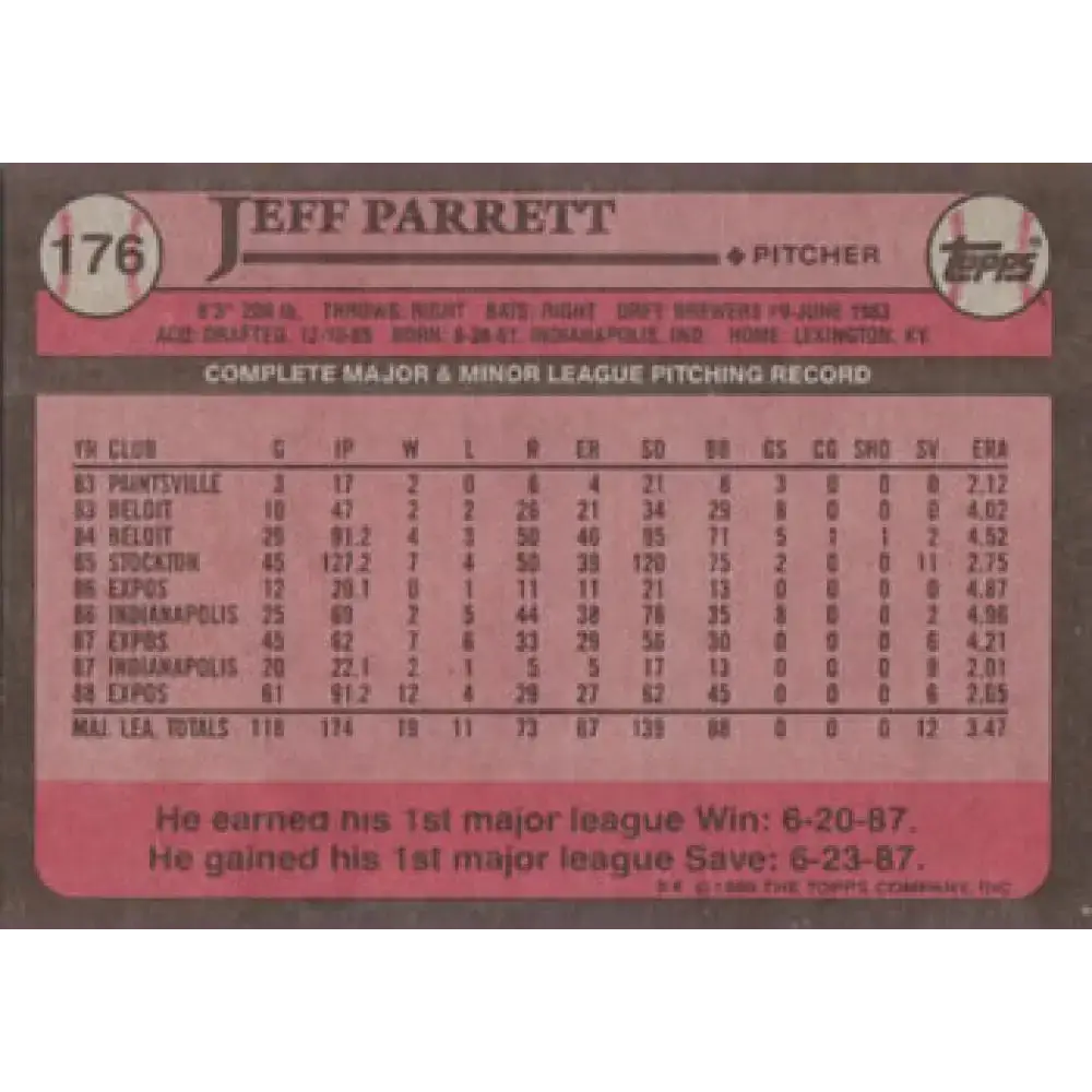 1989 Topps #176 Jeff Parrett NM-MT Montreal Expos Baseball Card - Baseball Card Single