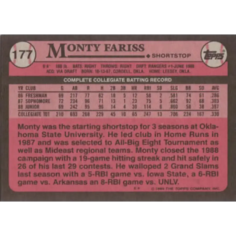 1989 Topps #177 Monty Fariss FDP NM-MT RC Rookie Texas Rangers Baseball Card