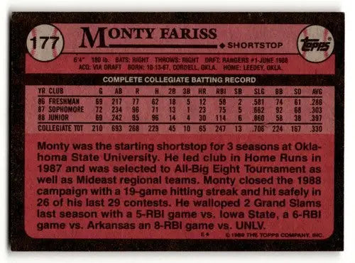 Baseball card back with original gloss from 1989 Topps #177 Monty Fariss Texas Rangers