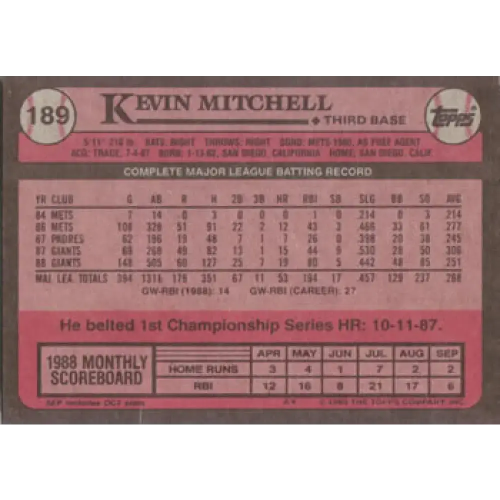 1989 Topps #189 Kevin Mitchell NM-MT San Francisco Giants Baseball Card - Baseball Card Single