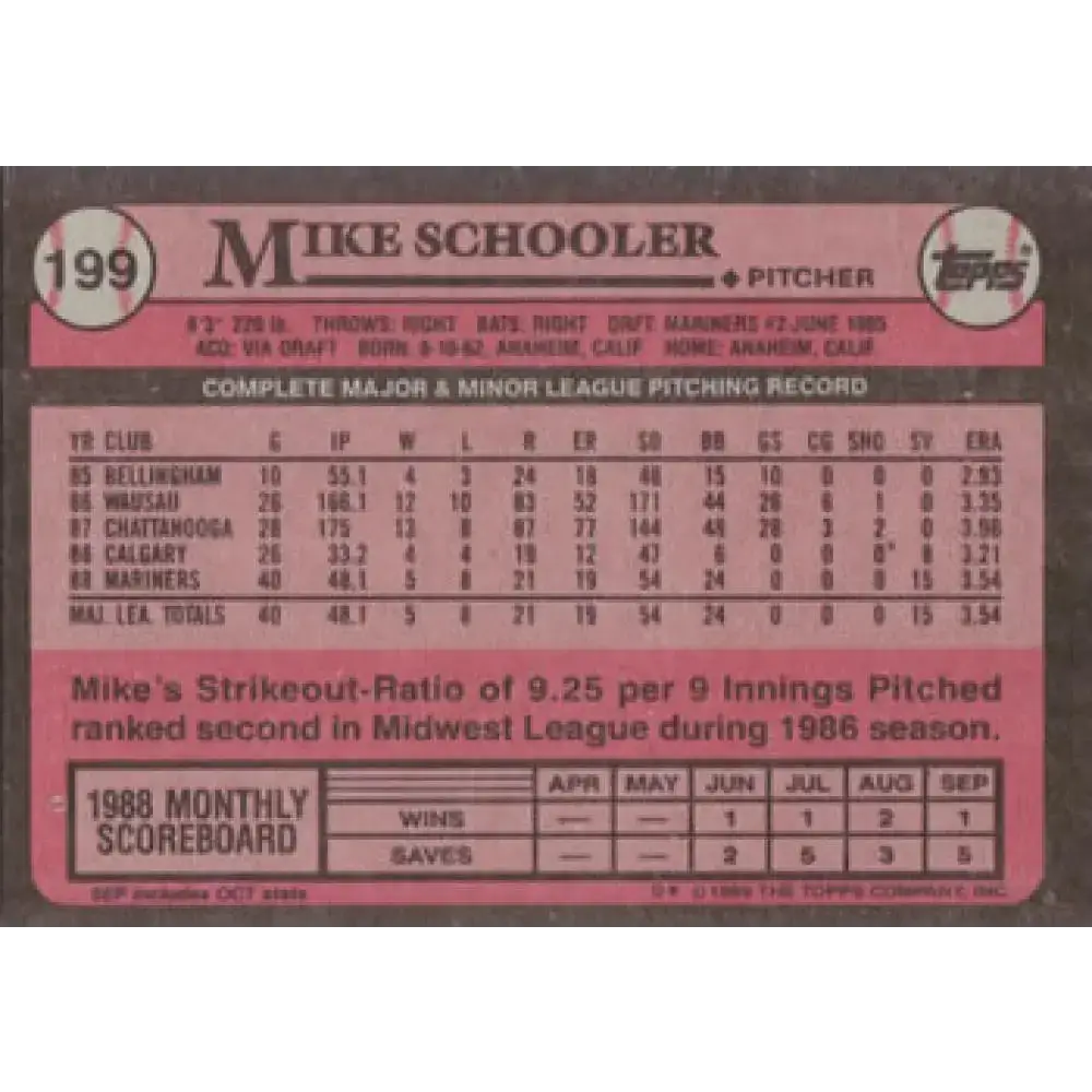 1989 Topps #199 Mike Schooler NM-MT RC Rookie Seattle Mariners Baseball Card - Baseball Card Single