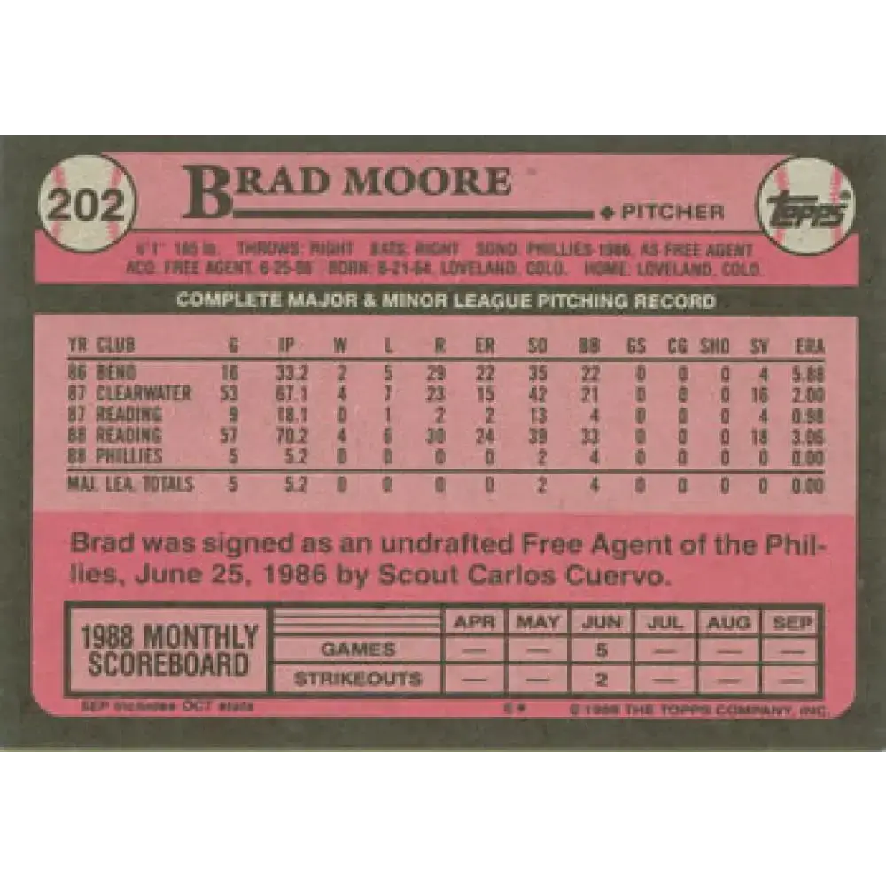 1989 Topps #202 Brad Moore NM-MT RC Rookie Philadelphia Phillies Baseball Card - Baseball Card Single