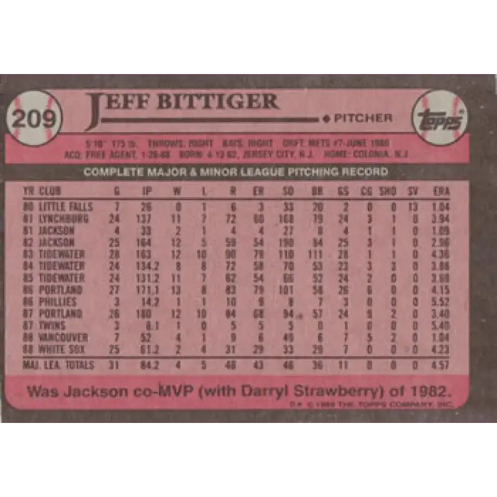 1989 Topps #209 Jeff Bittiger NM-MT RC Rookie Chicago White Sox Baseball Card - Baseball Card Single