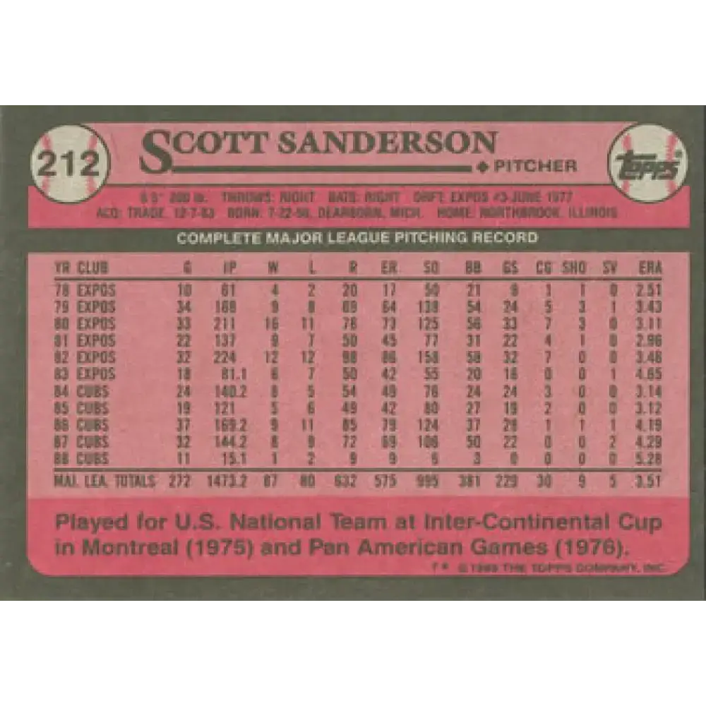 1989 Topps #212 Scott Sanderson NM-MT Chicago Cubs Baseball Card - Baseball Card Single