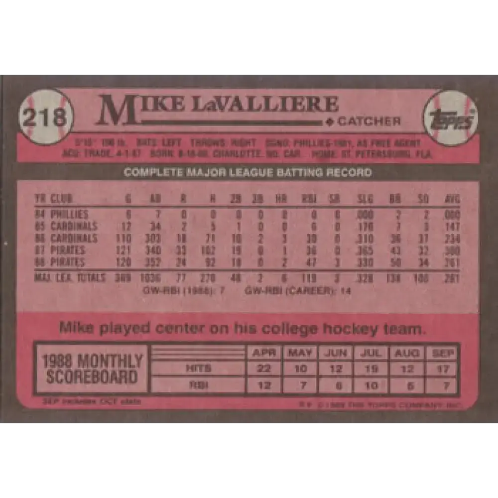 1989 Topps #218 Mike LaValliere NM-MT Pittsburgh Pirates Baseball Card - Baseball Card Single