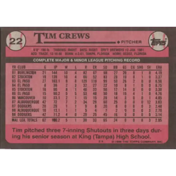 1989 Topps #22 Tim Crews NM-MT Los Angeles Dodgers Baseball Card - Baseball Card Single