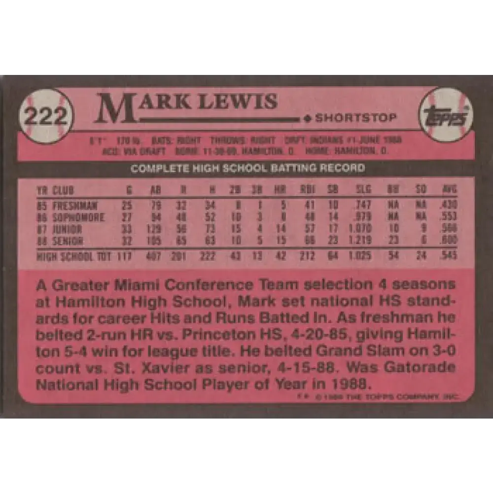 1989 Topps #222 Mark Lewis NM-MT RC Rookie Cleveland Indians Baseball Card - Baseball Card Single
