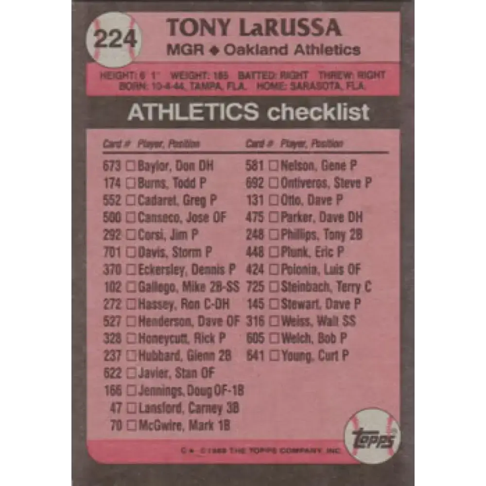 1989 Topps #224 Tony LaRussa MG NM-MT Oakland Athletics Baseball Card - Baseball Card Single