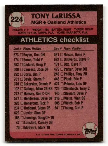 Baseball card checklist featuring 1989 Topps Tony LaRussa Oakland Athletics card