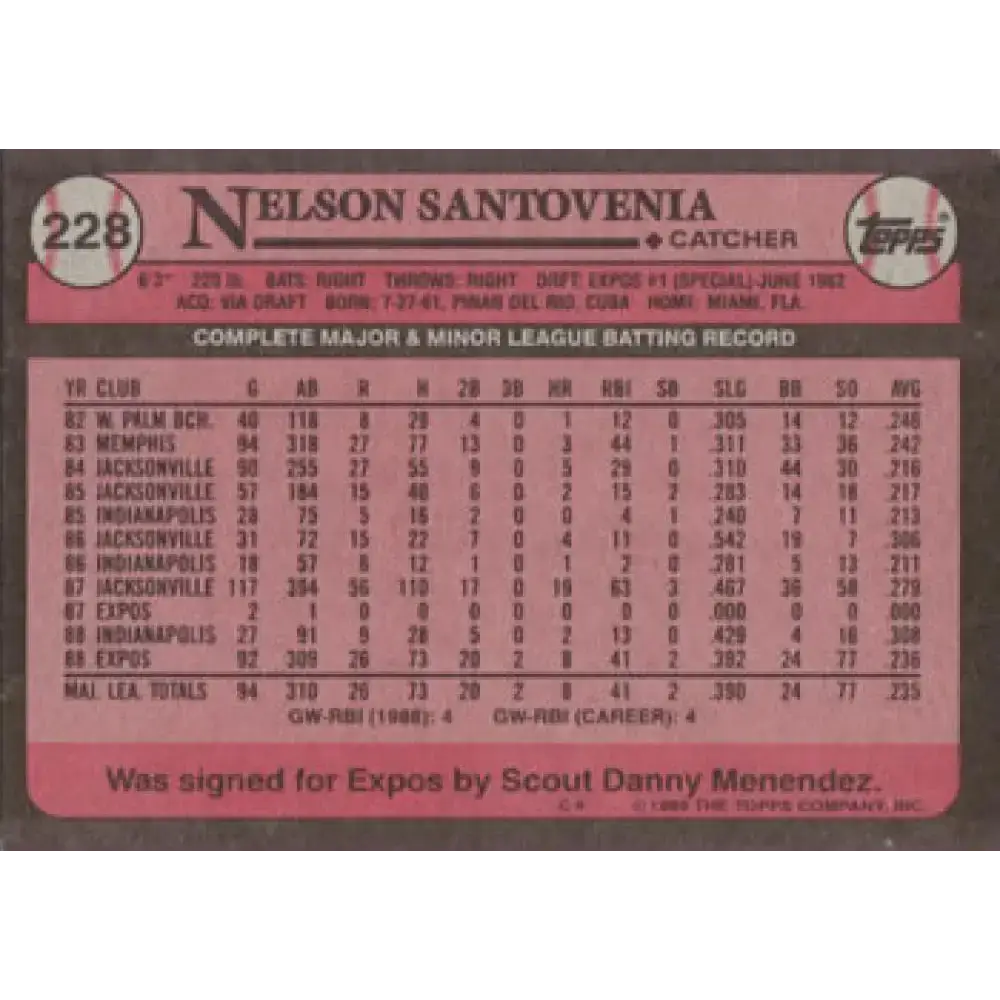 1989 Topps #228 Nelson Santovenia NM-MT Montreal Expos Baseball Card - Baseball Card Single