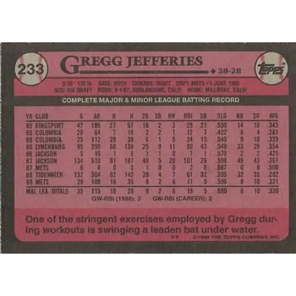 1989 Topps #233a Gregg Jefferies NM-MT New York Mets Baseball Card - Baseball Card Single