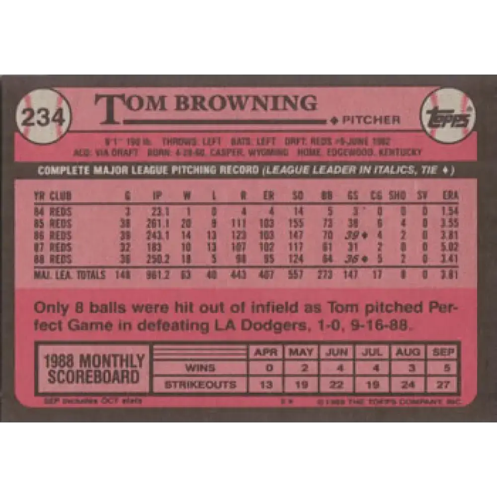 1989 Topps #234 Tom Browning NM-MT Cincinnati Reds Baseball Card - Baseball Card Single