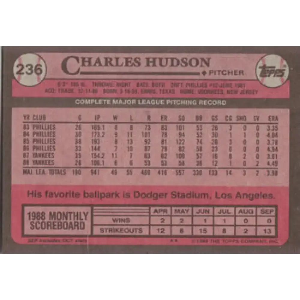 1989 Topps #236 Charles Hudson NM-MT New York Yankees Baseball Card - Baseball Card Single