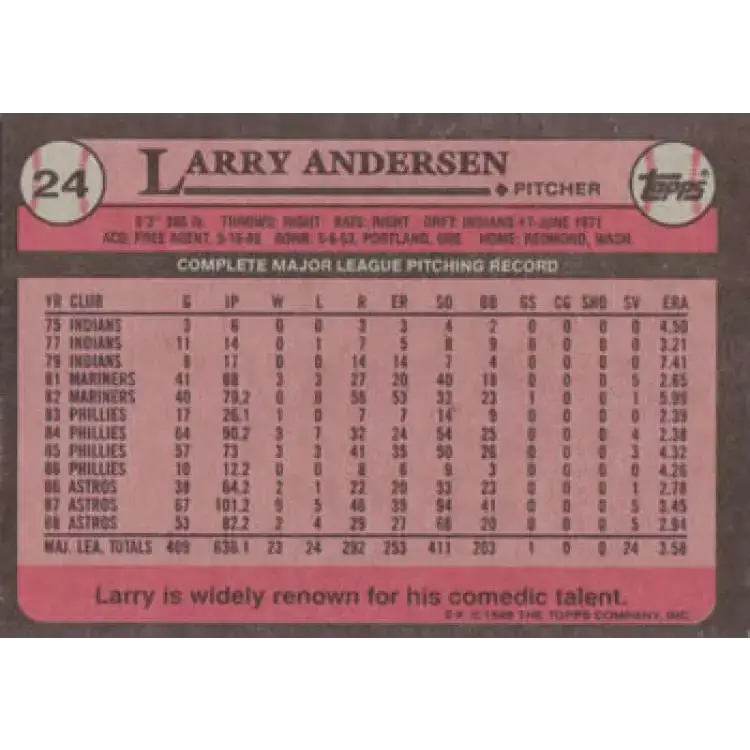 1989 Topps #24 Larry Andersen NM-MT Houston Astros Baseball Card - Baseball Card Single
