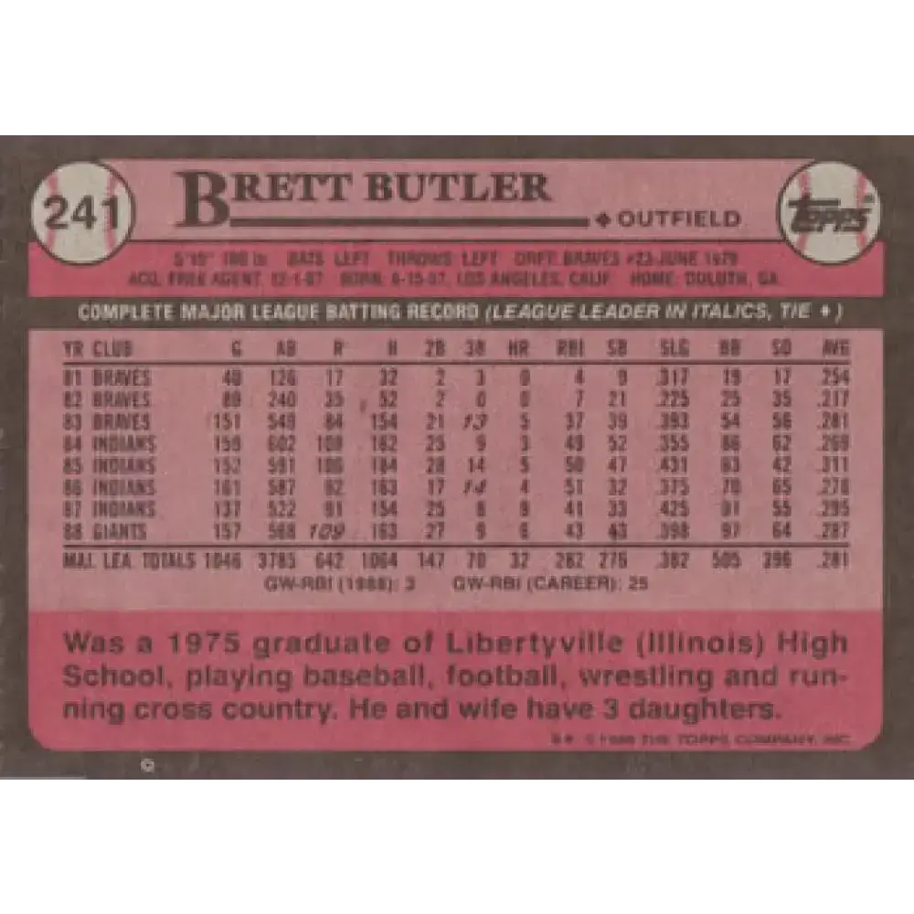 1989 Topps #241 Brett Butler NM-MT San Francisco Giants Baseball Card - Baseball Card Single