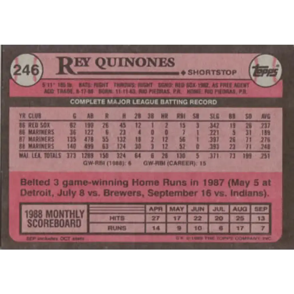 1989 Topps #246 Rey Quinones NM-MT Seattle Mariners Baseball Card - Baseball Card Single