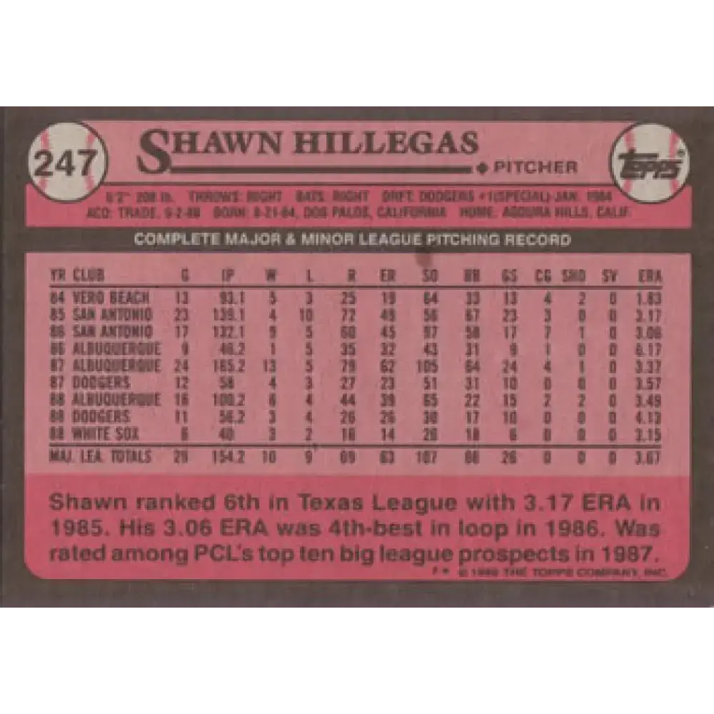 1989 Topps #247 Shawn Hillegas NM-MT Chicago White Sox Baseball Card - Baseball Card Single