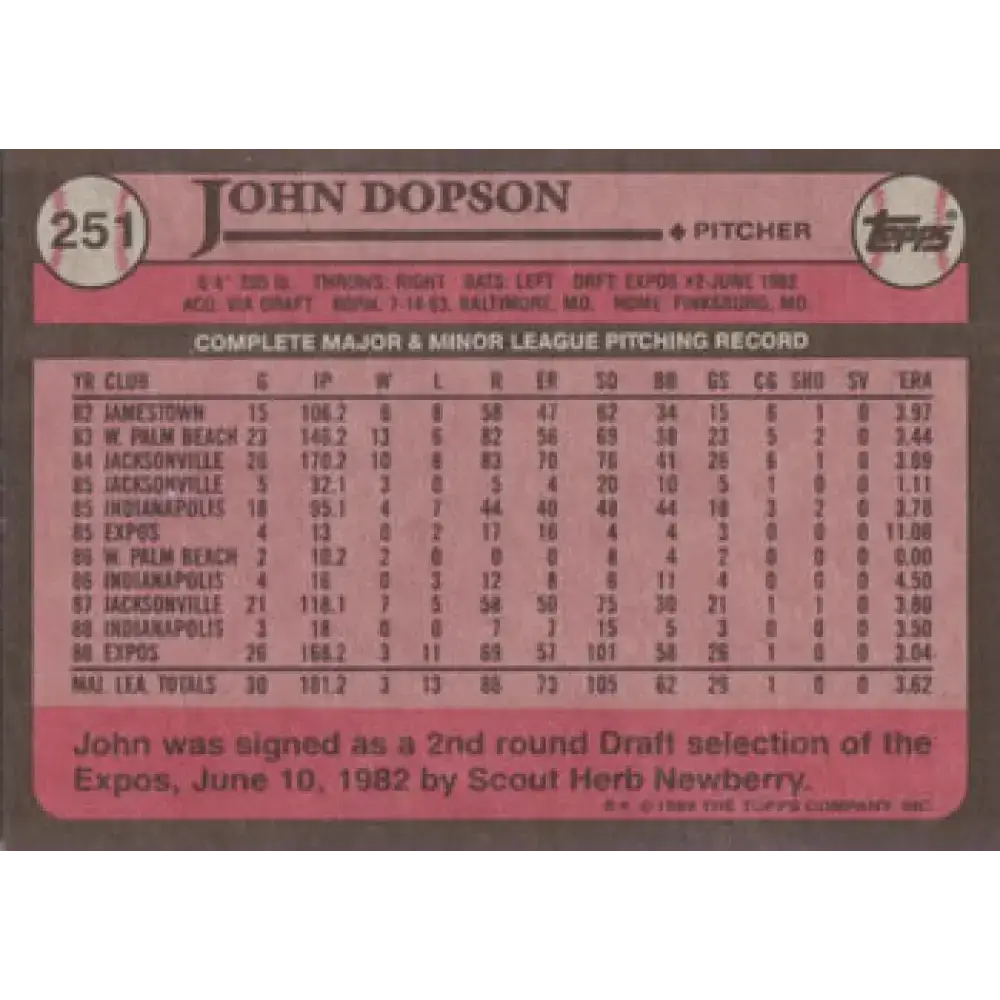 1989 Topps #251 John Dopson NM-MT RC Rookie Montreal Expos Baseball Card - Baseball Card Single