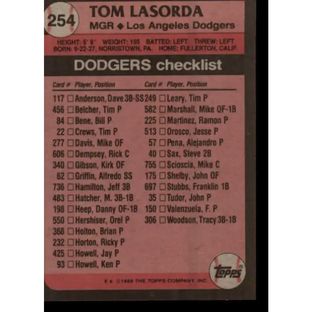 1989 Topps #254 Tom Lasorda MG NM-MT Los Angeles Dodgers Baseball Card - Baseball Card Single
