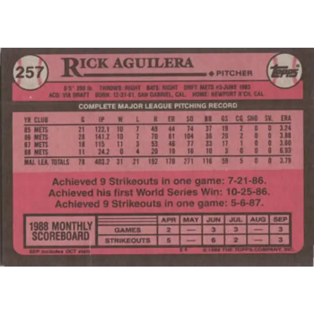 1989 Topps #257 Rick Aguilera NM-MT New York Mets Baseball Card - Baseball Card Single