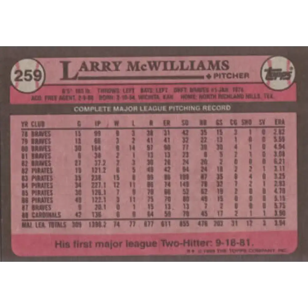 1989 Topps #259 Larry McWilliams NM-MT St. Louis Cardinals Baseball Card - Baseball Card Single