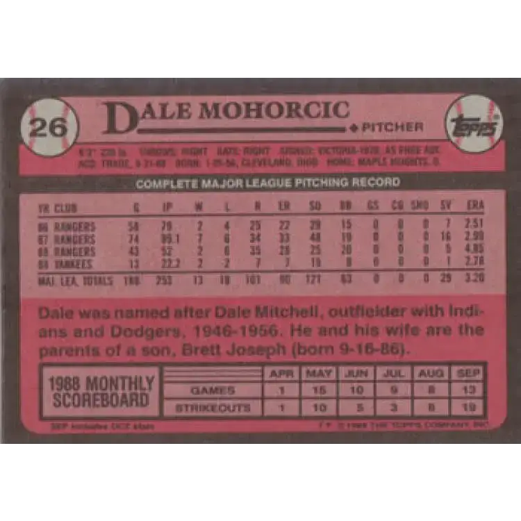 1989 Topps #26 Dale Mohorcic NM-MT New York Yankees Baseball Card - Baseball Card Single