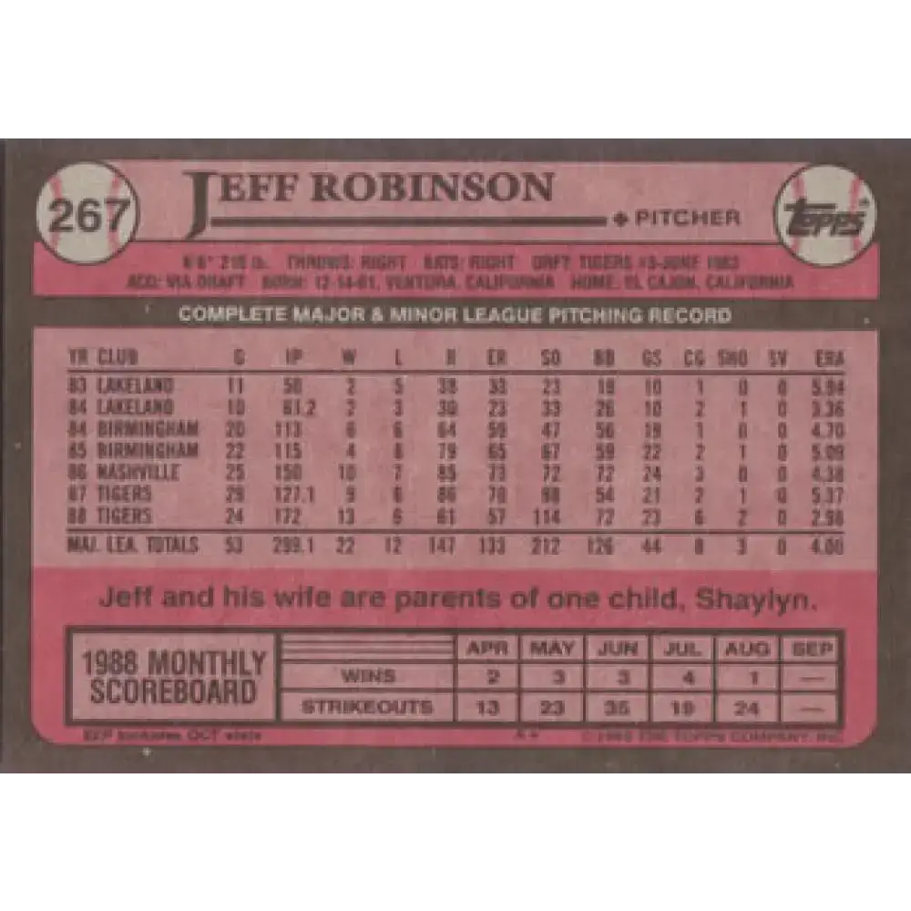 1989 Topps #267 Jeff Robinson NM-MT Detroit Tigers Baseball Card - Baseball Card Single