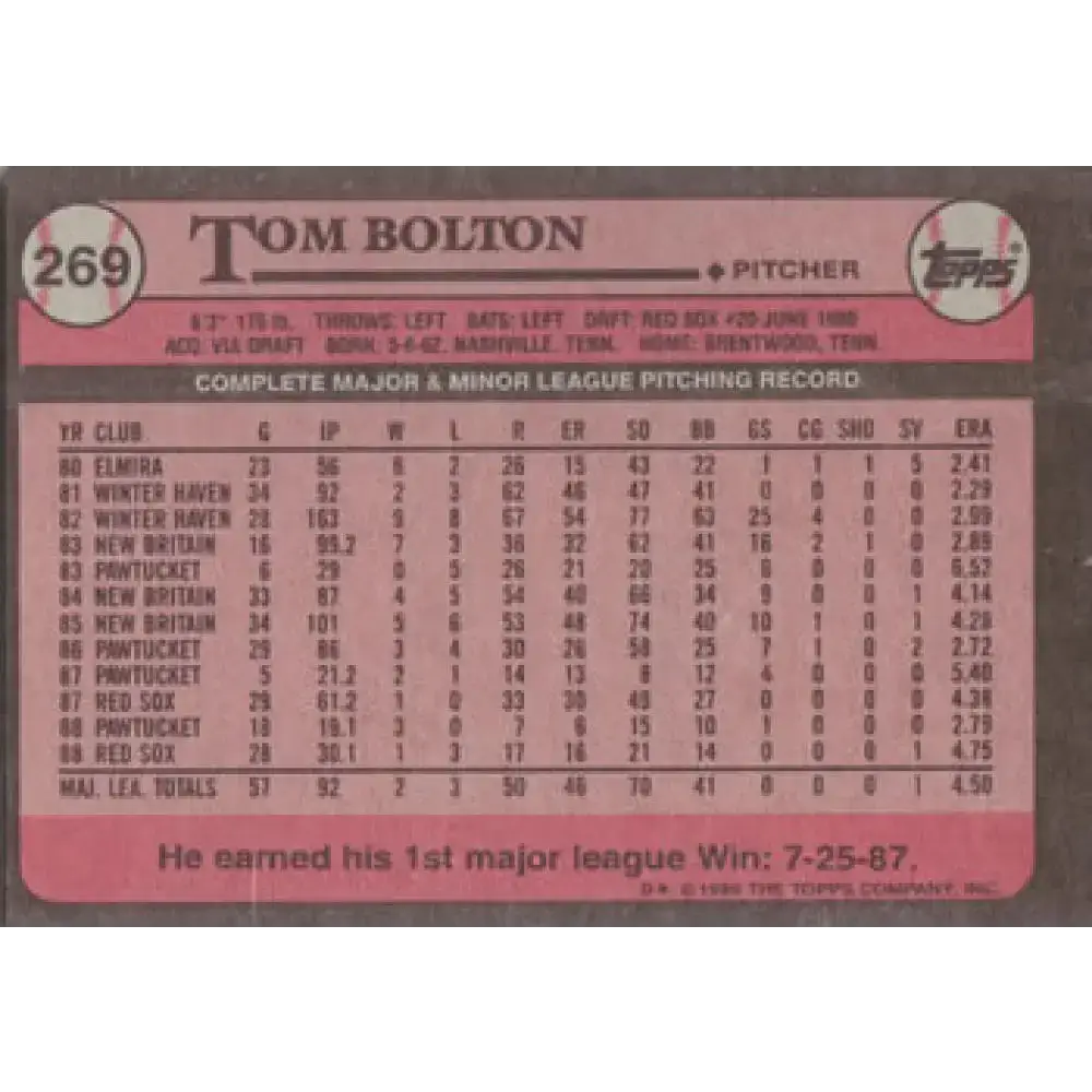 1989 Topps #269 Tom Bolton NM-MT Boston Red Sox Baseball Card - Baseball Card Single