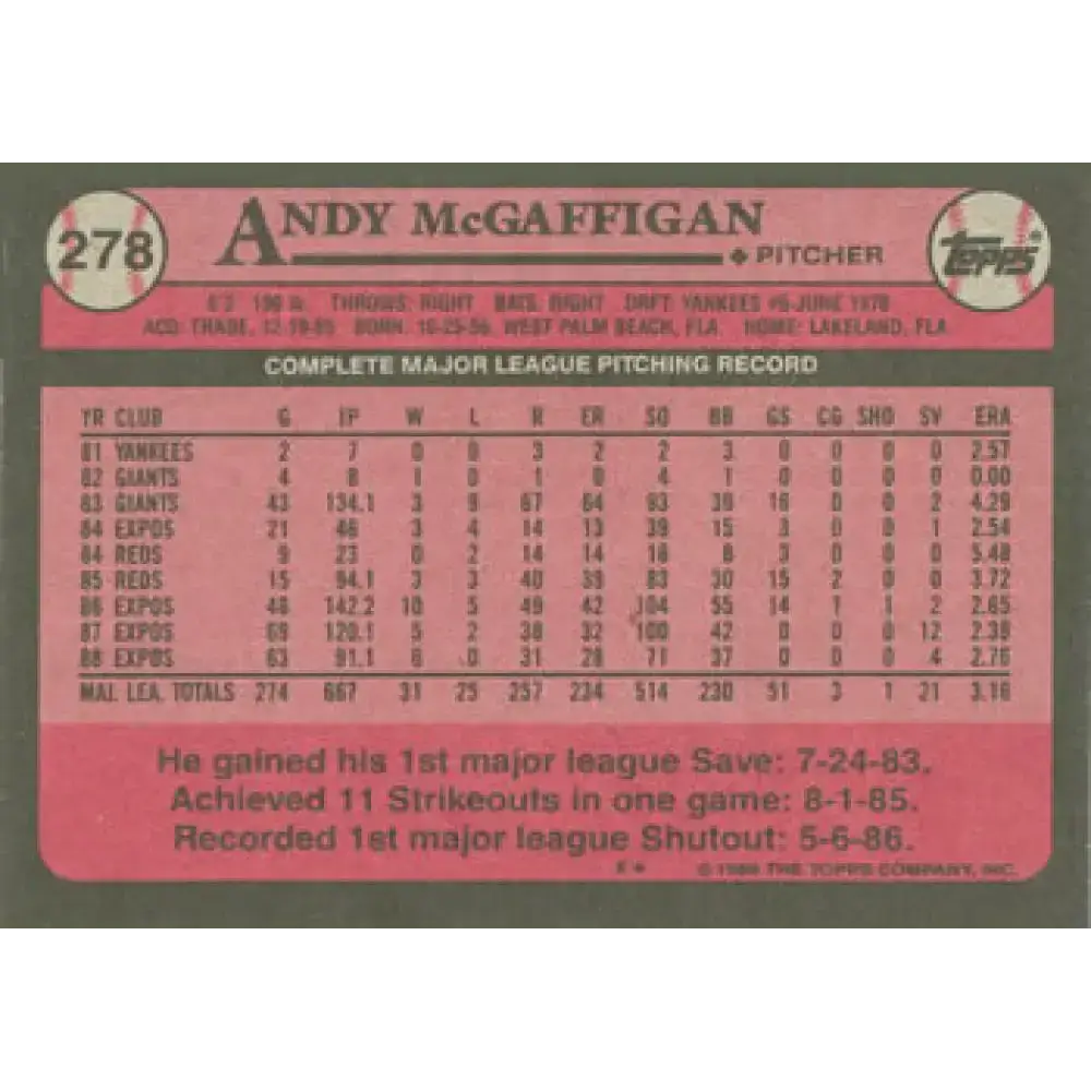 1989 Topps #278 Andy McGaffigan NM-MT Montreal Expos Baseball Card - Baseball Card Single