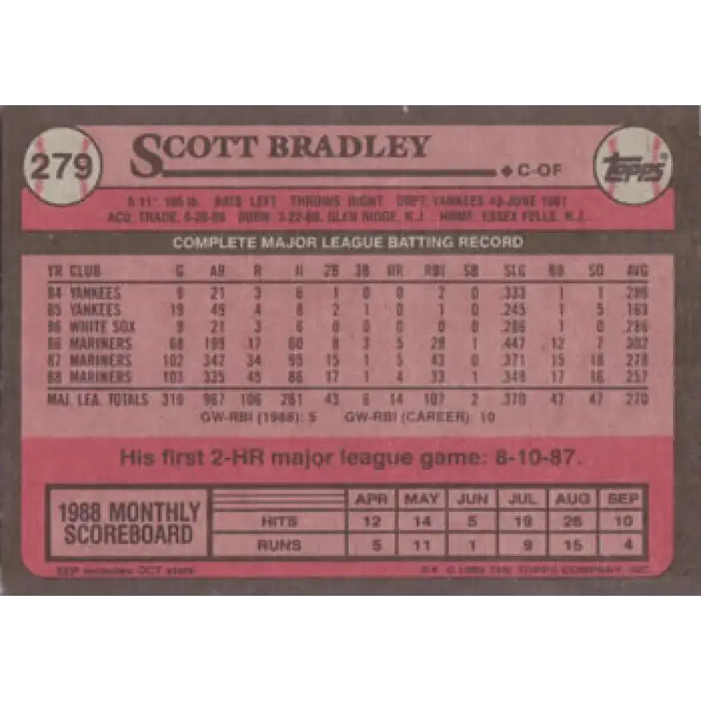 1989 Topps #279 Scott Bradley NM-MT Seattle Mariners Baseball Card - Baseball Card Single