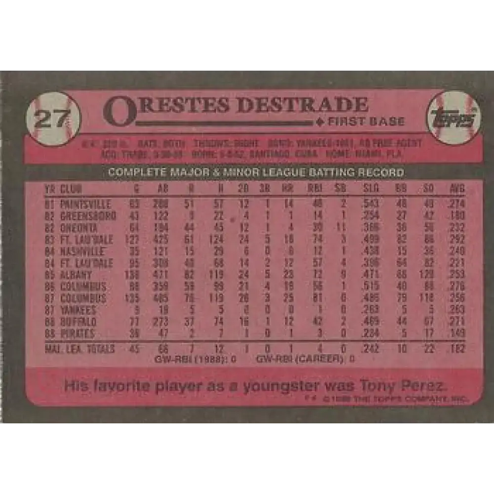 1989 Topps #27b Orestes Destrade NM-MT RC Rookie Pittsburgh Pirates Baseball Card - Baseball Card Single