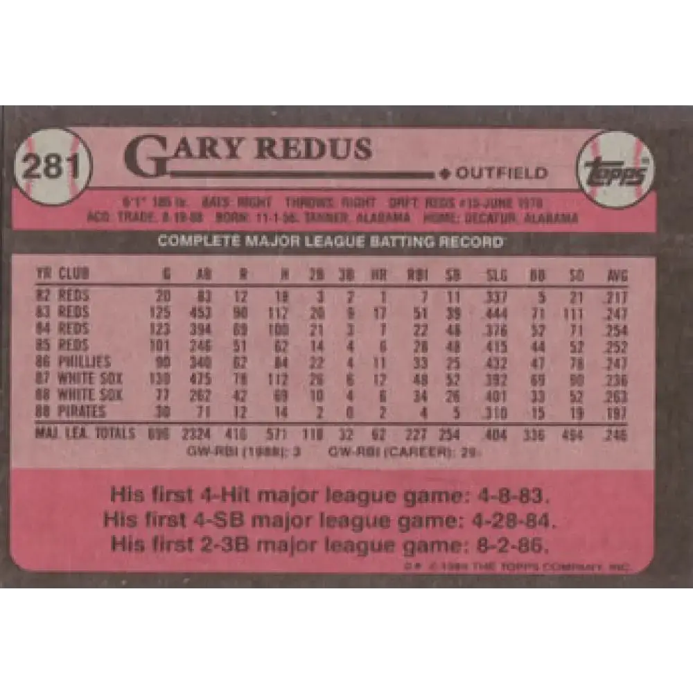 1989 Topps #281 Gary Redus NM-MT Pittsburgh Pirates Baseball Card - Baseball Card Single