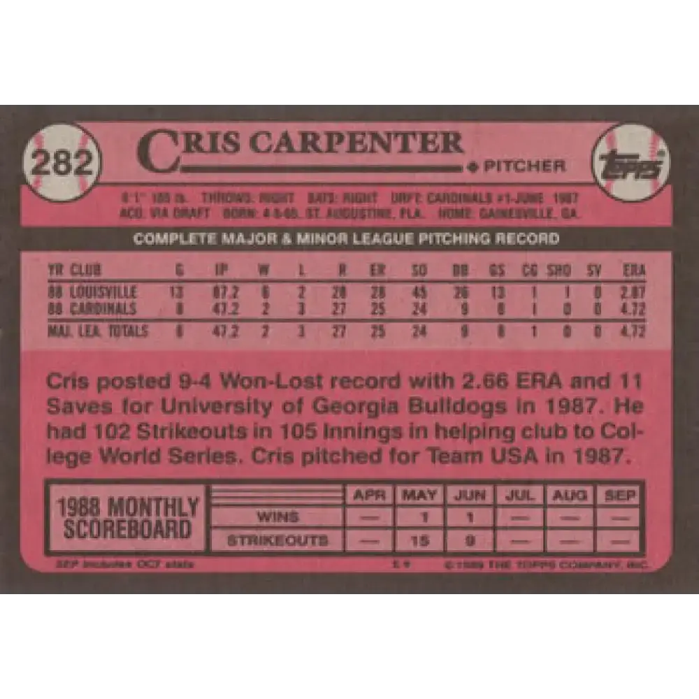 1989 Topps #282 Cris Carpenter NM-MT RC Rookie St. Louis Cardinals Baseball Card - Baseball Card Single