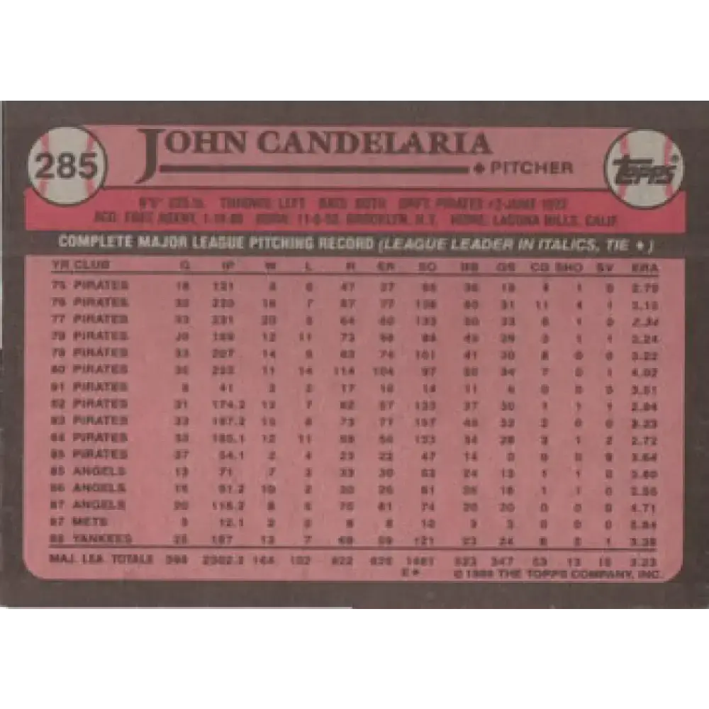 1989 Topps #285 John Candelaria NM-MT New York Yankees Baseball Card - Baseball Card Single