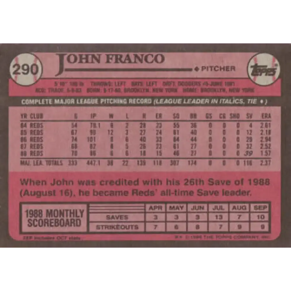 1989 Topps #290 John Franco NM-MT Cincinnati Reds Baseball Card - Baseball Card Single