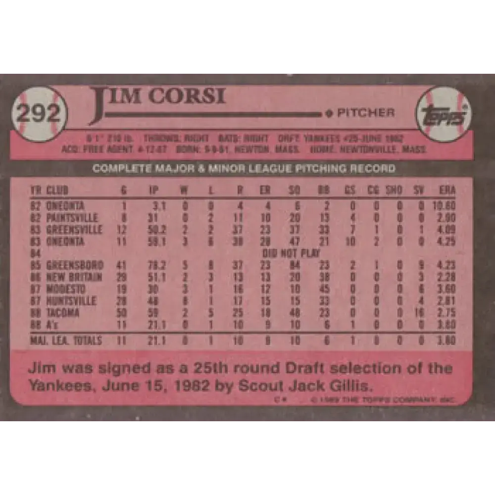 1989 Topps #292 Jim Corsi NM-MT RC Rookie Oakland Athletics Baseball Card - Baseball Card Single