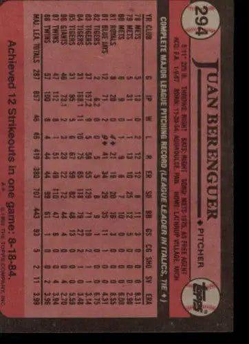 Vintage 1989 Topps Juan Berenguer NM-MT baseball card with original gloss featuring Twins