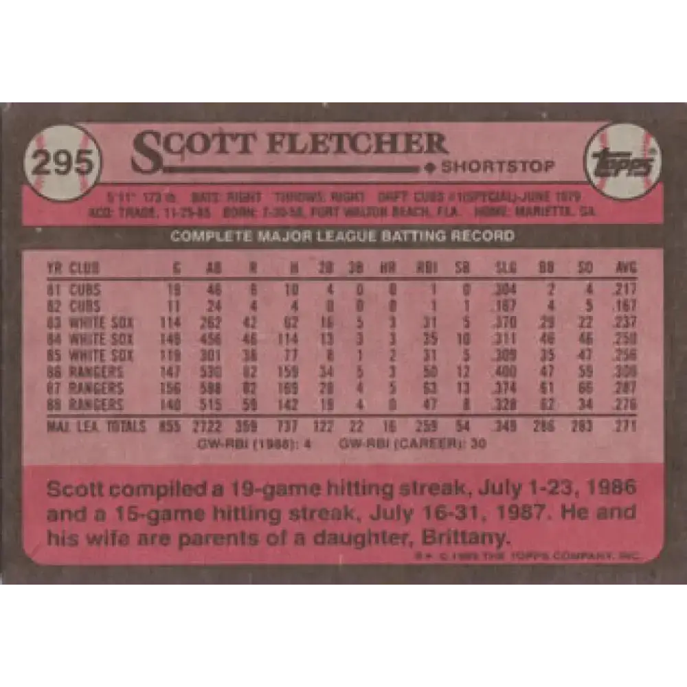 1989 Topps #295 Scott Fletcher NM-MT Texas Rangers Baseball Card - Baseball Card Single