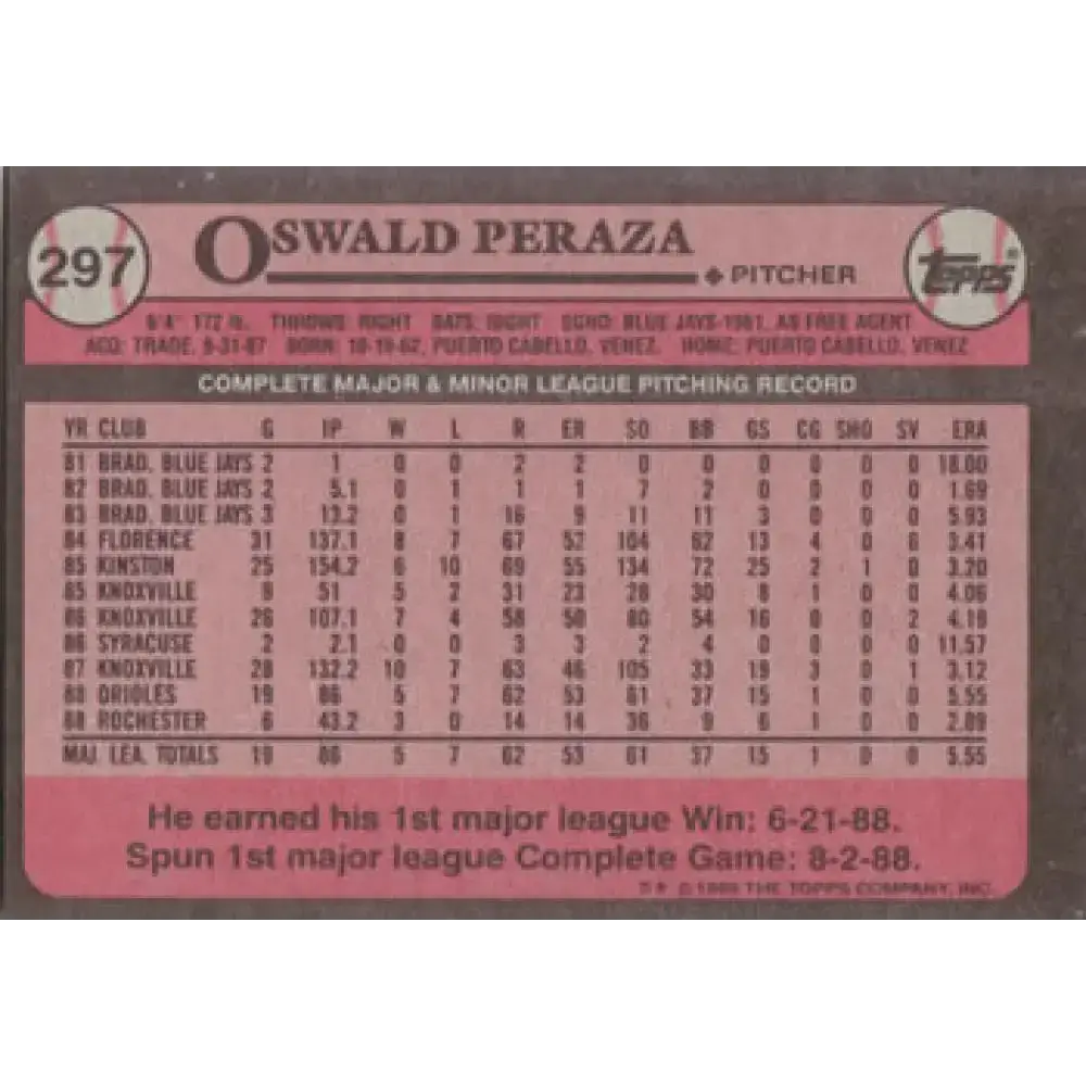 1989 Topps #297 Oswaldo Peraza NM-MT Baltimore Orioles Baseball Card - Baseball Card Single