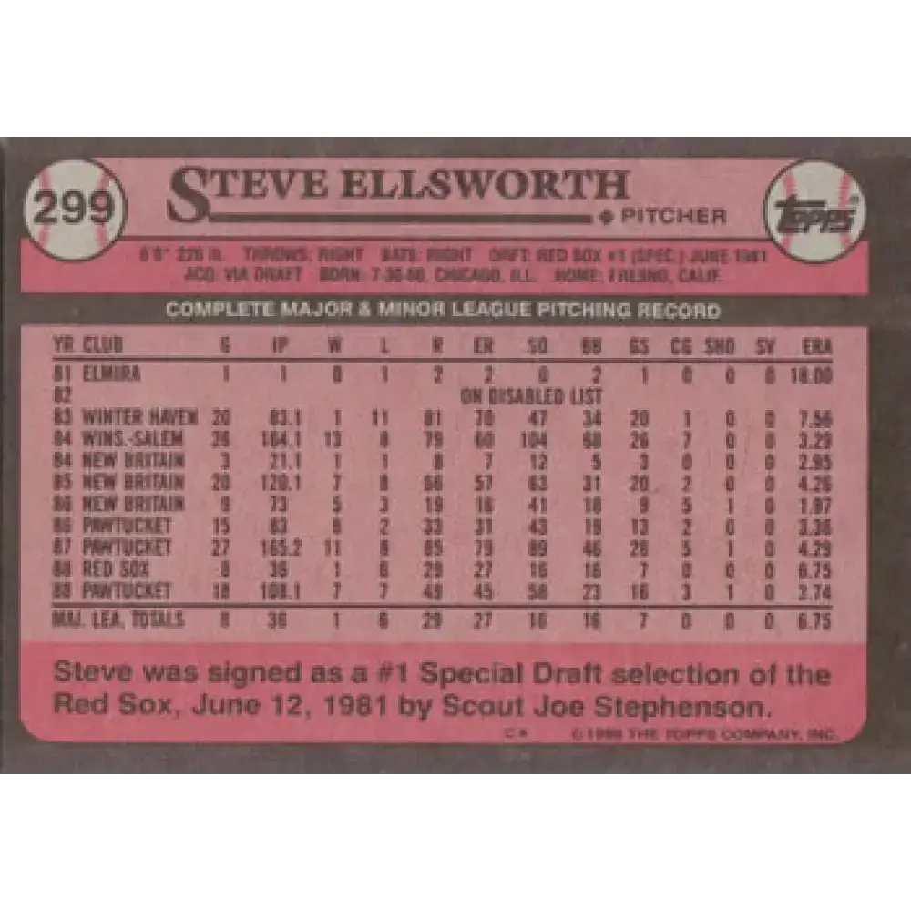 1989 Topps #299 Steve Ellsworth NM-MT RC Rookie Boston Red Sox Baseball Card - Baseball Card Single