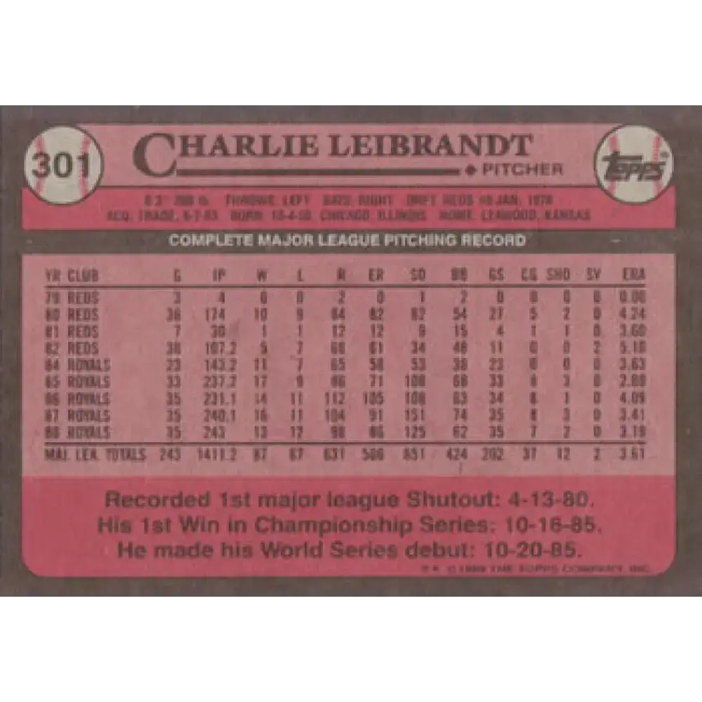 1989 Topps #301 Charlie Leibrandt NM-MT Kansas City Royals Baseball Card - Baseball Card Single