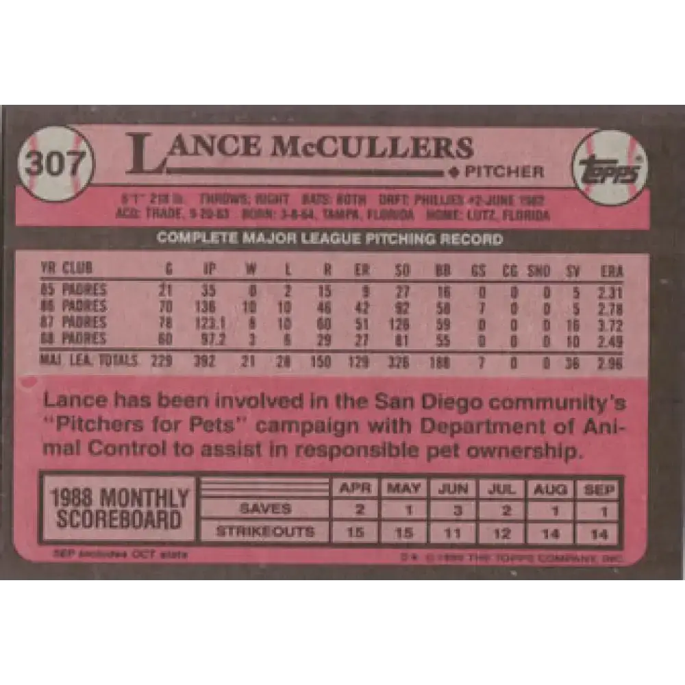 1989 Topps #307 Lance McCullers NM-MT San Diego Padres Baseball Card - Baseball Card Single
