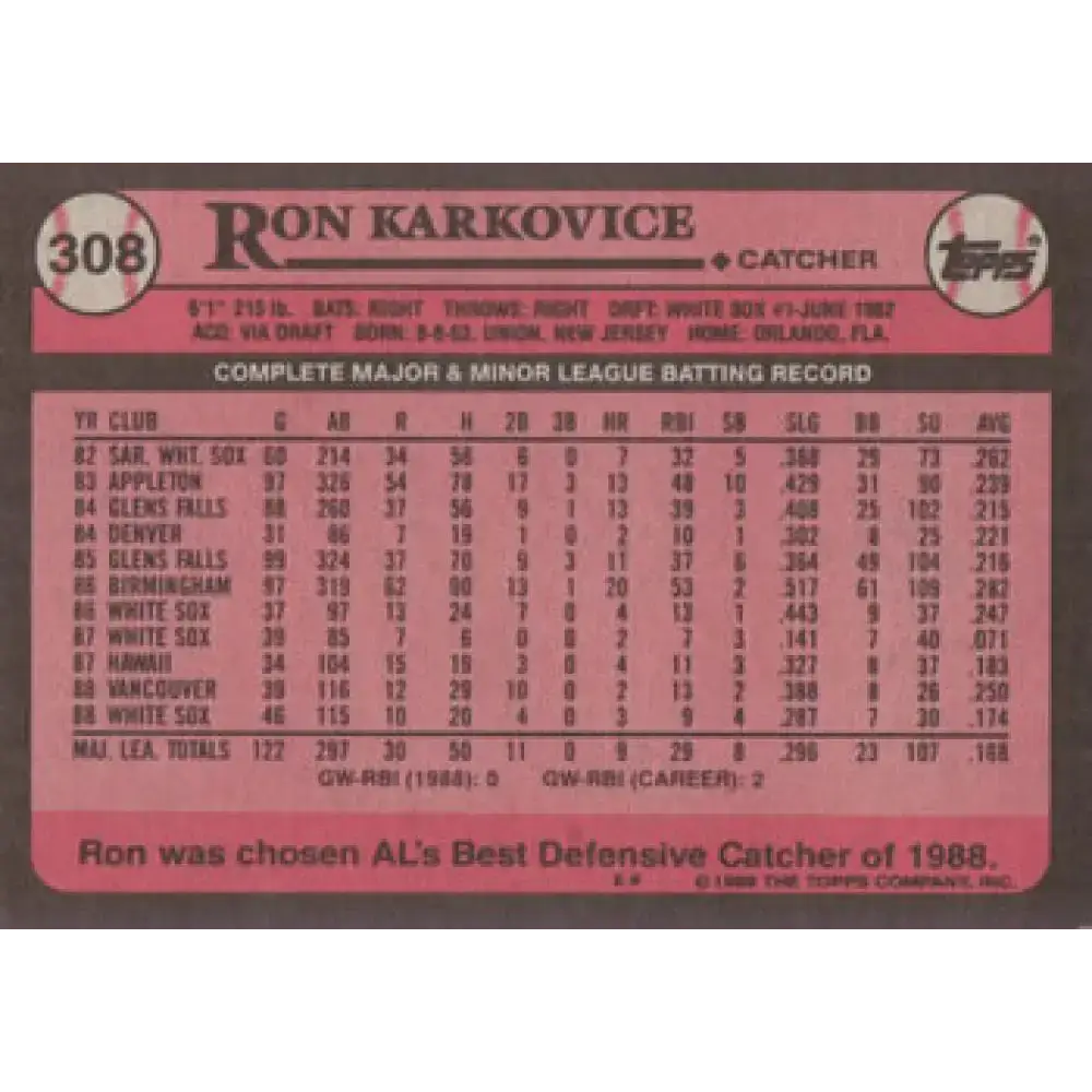 1989 Topps #308 Ron Karkovice NM-MT Chicago White Sox Baseball Card - Baseball Card Single