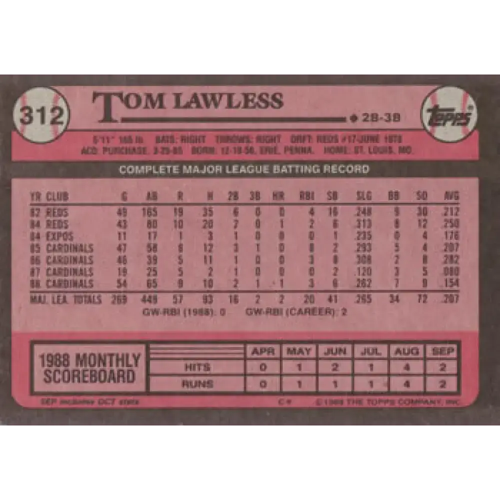 1989 Topps #312 Tom Lawless NM-MT St. Louis Cardinals Baseball Card - Baseball Card Single