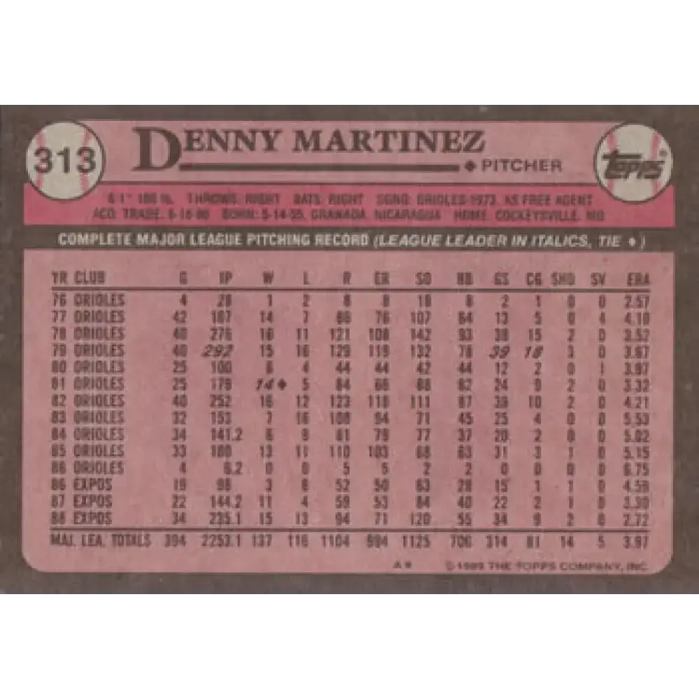 1989 Topps #313 Dennis Martinez NM-MT Montreal Expos Baseball Card - Baseball Card Single
