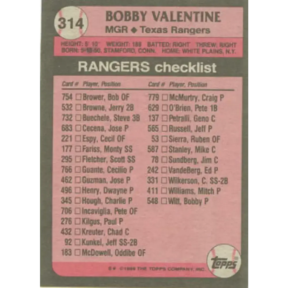 1989 Topps #314 Bobby Valentine MG NM-MT Texas Rangers Baseball Card - Baseball Card Single