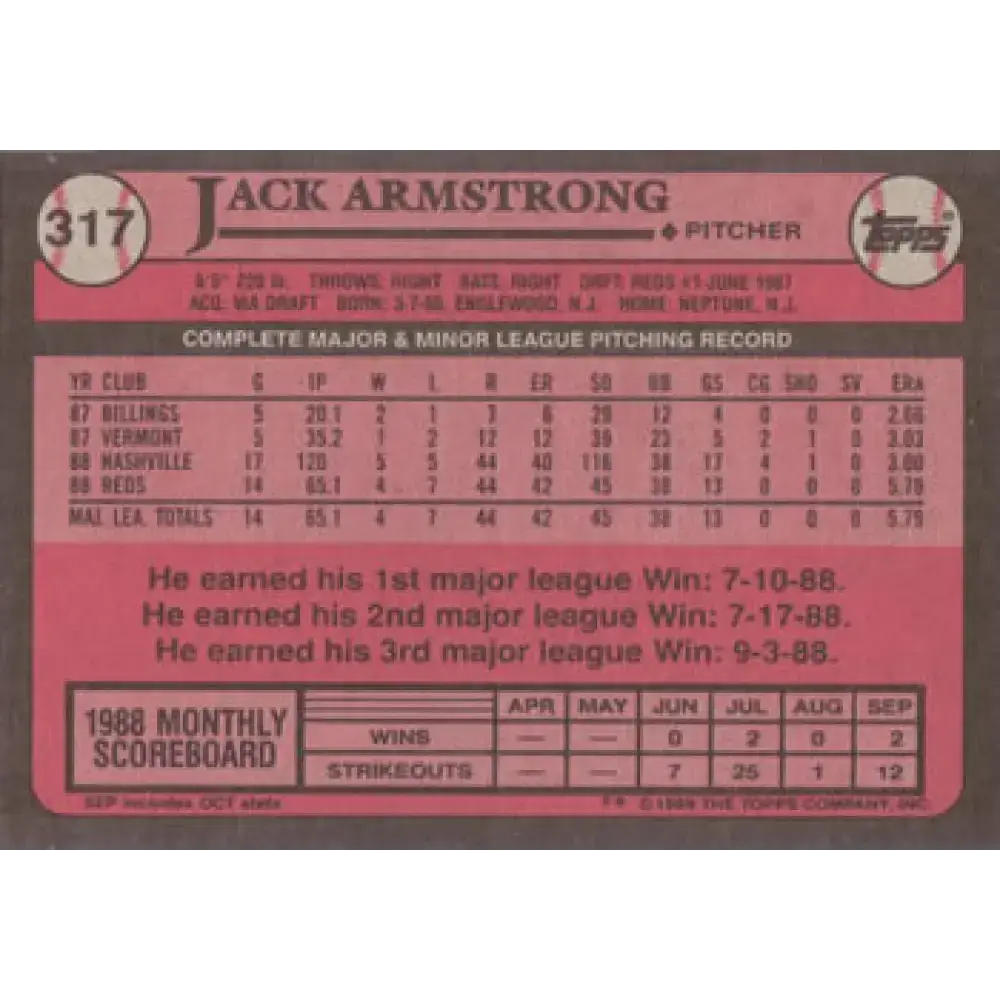 1989 Topps #317 Jack Armstrong NM-MT RC Rookie Cincinnati Reds Baseball Card - Baseball Card Single