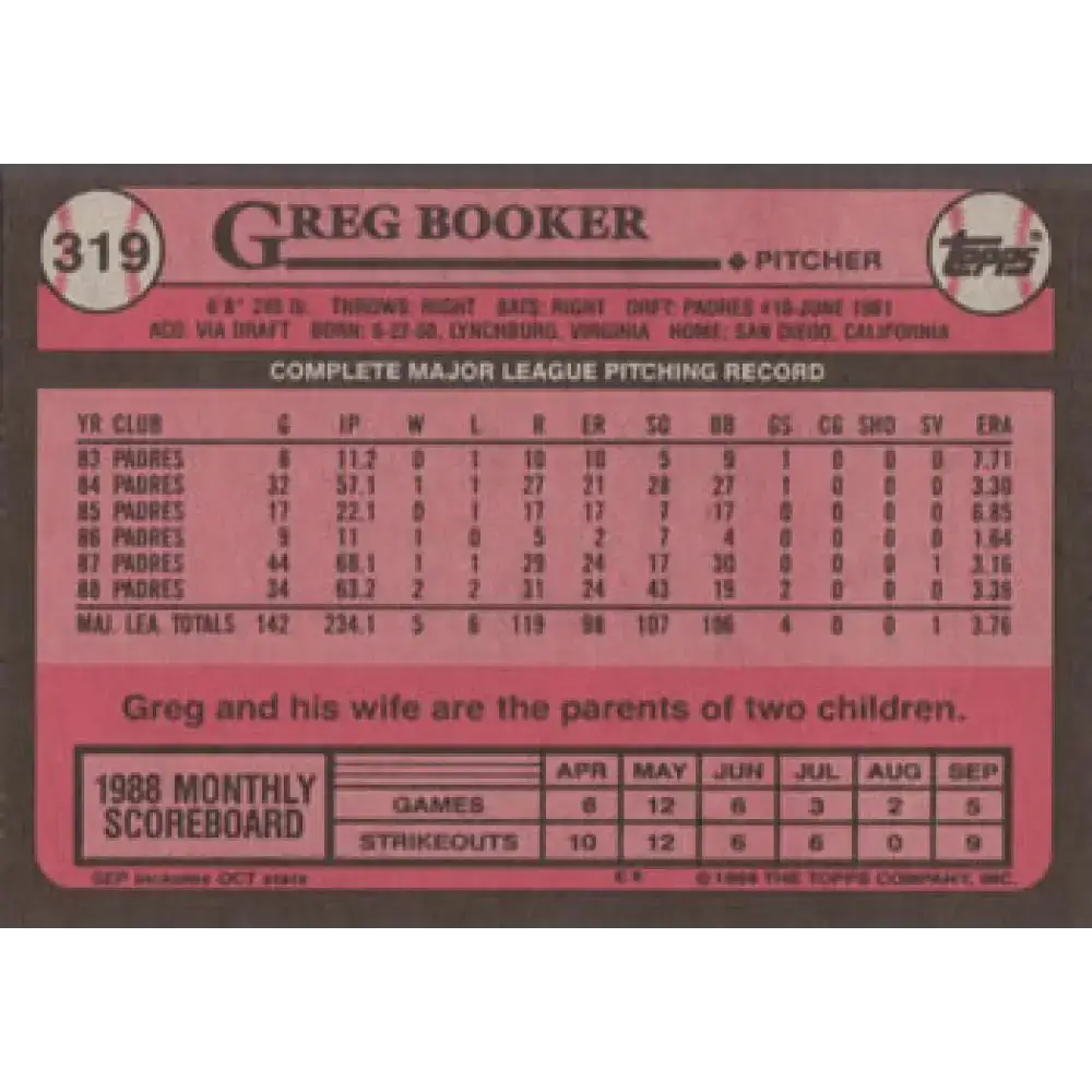 1989 Topps #319 Greg Booker NM-MT San Diego Padres Baseball Card - Baseball Card Single