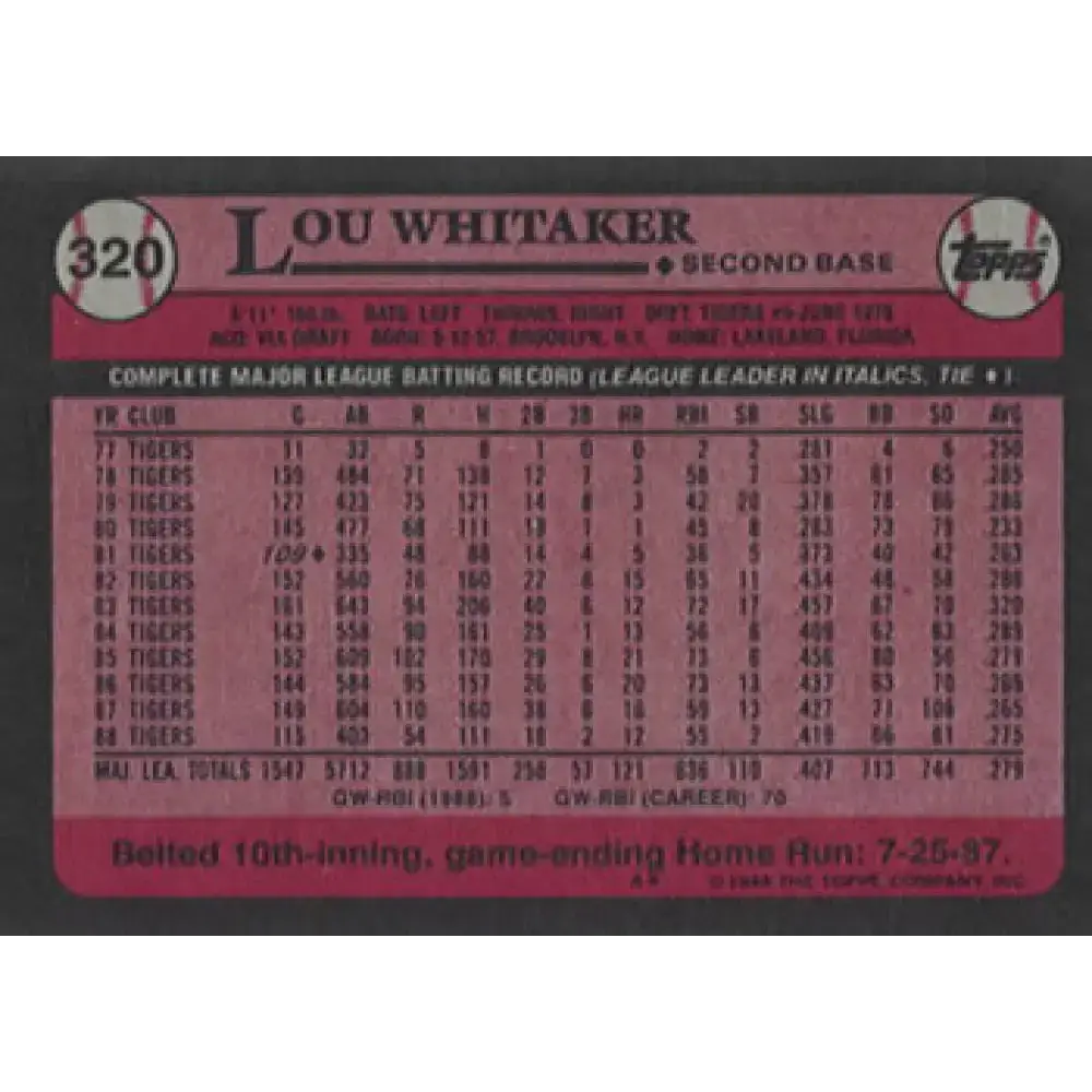 1989 Topps #320 Lou Whitaker NM-MT Detroit Tigers Baseball Card - Baseball Card Single